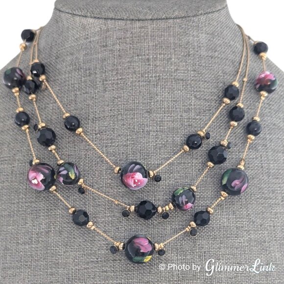 Black & Pink Floral Painted Bead Triple Strand Layered Gold Tone Necklace - Picture 1 of 11